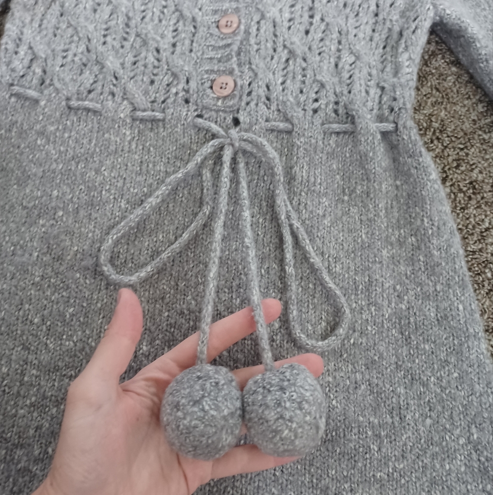 Kaisely Gray Wool Blend Knit Pom Pom Tie Waist Alpaca Sweater - Picture 7 of 7
